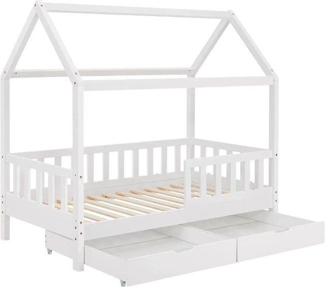 Juskys Kinderbett Marli Hausbett aus Kiefernholz mit Bettkasten und Dach, Weiß, B/T/H: 160 x 80 x 125 cm - Bild 1
