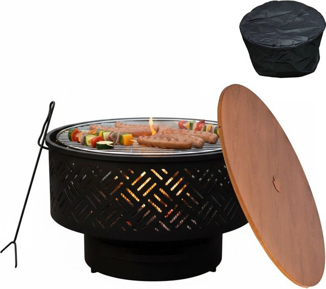 Relaxdays Feuerschale aus Stahl in Schwarz mit Deckel und Grillrost, B/H/T: 43 x 66 x 43 cm - Bild 1