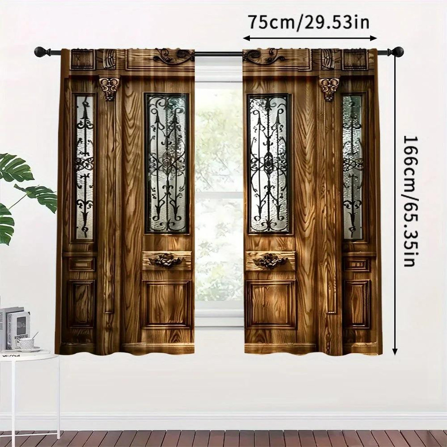2er-Set Yiran Furniture Vorhänge mit Holzmaserung in Braun, halbtransparent, Polyester, Breite: 100 cm, Höhe: 130 cm - Bild 2