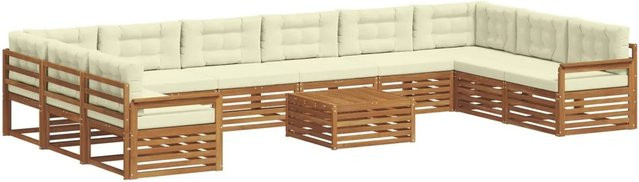 vidaXL Sofagarnitur aus Massivholz Akazie in Natur und Creme, 11-teiliges U-Form Sofa-Set mit Polsterung und Kissen - Bild 1