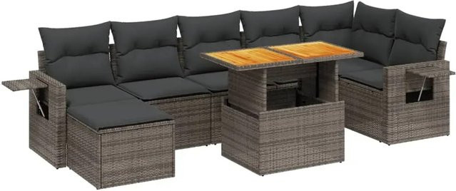 vidaXL 8-teilige Garten-Sofagarnitur in L-Form mit Kissen und Ottoman, Grau, Poly Rattan und Metallgestell - Bild 1