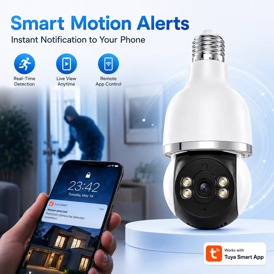 AUBERON E27 Smart Glühbirnen-Kamera mit 2K HD Auflösung, Tuya APP Steuerung, WLAN, PTZ Schwenk-Neige, Wasserdicht, Nachtsicht, Bewegungserkennung und Zwei-Wege-Audio, Farbe: Weiß - Bild 3