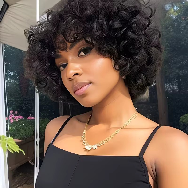 OYM HAIR Bob-Perücke, lockig mit Pony, 100 % Echthaar, Schwarz, Damen - Bild 4