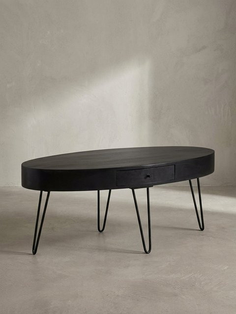Ovaler Couchtisch von KADIMA DESIGN aus Mango-Massivholz und Metall in Braun mit Schublade und Haarnadelbeinen, B/T/H: 100 x 50 x 40 cm - Bild 1