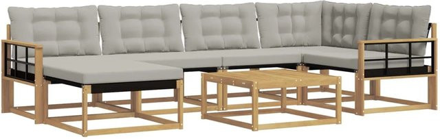vidaXL Outdoor-Sofagarnitur 7-teilig in L-Form aus Akazienholz mit Textilene-Bezug und Polstern, Weiß und Hellgrau, B/T/H: 79 x 79 x 37 cm - Bild 1
