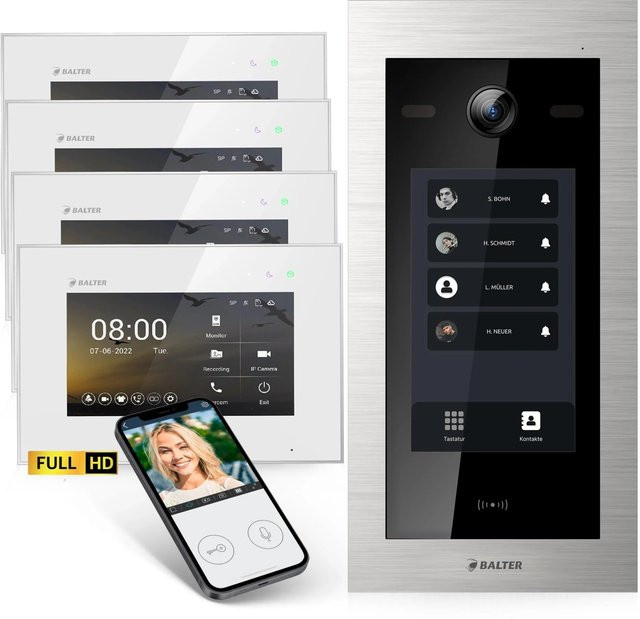 Balter EVO HD Touch Video-Türsprechanlage mit Touchscreen und RFID für Vierfamilienhäuser, Set mit 4x 7 Zoll Monitor, Silber-Weiß - Bild 1