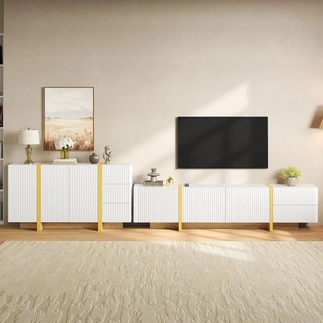 Merax TV Lowboard Sideboard Set Wohnzimmermöbel in Weiß mit Rillenoptik und mattem Finish - Bild 1