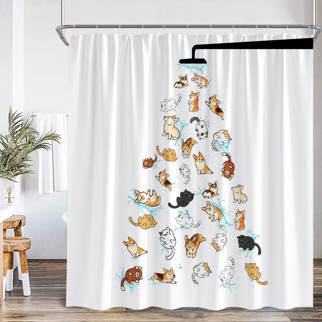 Duschvorhang für Kinder mit lustigem Tier-Cartoon-Design aus Polyester in Weiß inklusive Haken, Höhe: 180 cm, Breite: 180 cm - Bild 1
