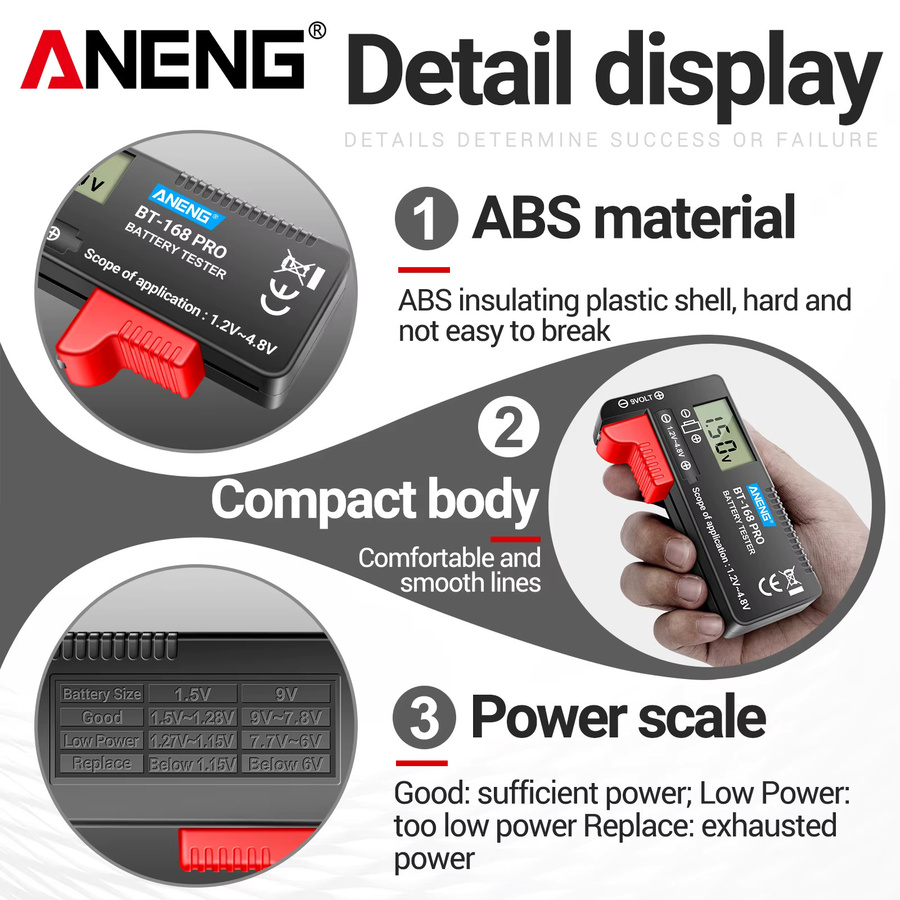 ANENG BT-168 PRO Taschen-LCD-Digital-Batterietester in Schwarz für AA, AAA, 9V und Knopfzellen - Bild 5