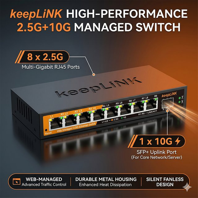 KeepLiNK 9-Port 2.5G Web-Managed Switch mit 8x 2.5GbE und 1x 10G SFP+ Uplink in Schwarz - Bild 1