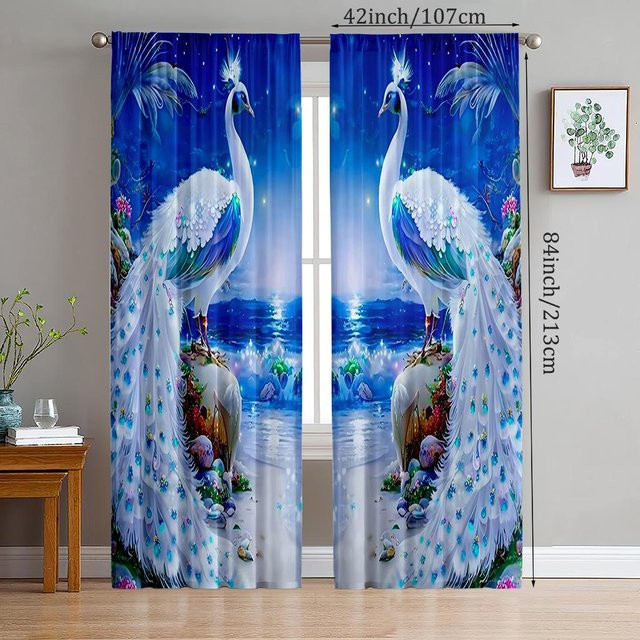 Yiran Furniture Pfau Dekovorhang aus Polyester, Blau, 2er-Set, semi-transparent, Breite: 107 cm, Höhe: 213 cm - Bild 1