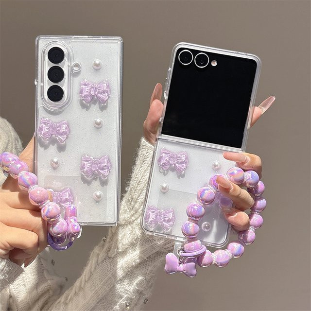 Luxuriöse 3D-Schleifenknoten-Perlen-Glitzer-Handyhülle mit Armband für Samsung Galaxy Z Flip7, Z Flip6, Z Flip5, Z Flip4, Z Flip3 und Z Flip7 FE, stoßfeste Schutzhülle - Bild 1