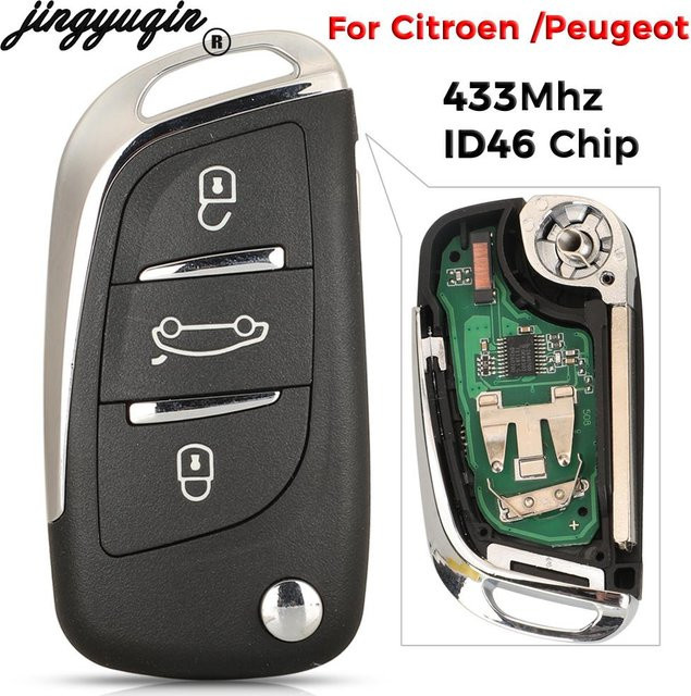 Jingyuqin Klappbarer Autoschlüssel mit 3-Tasten-Fernbedienung für Citroen DS4, C3, C4 und Peugeot 508, 433MHz ID46 Chip, Farbe: Schwarz - Bild 1