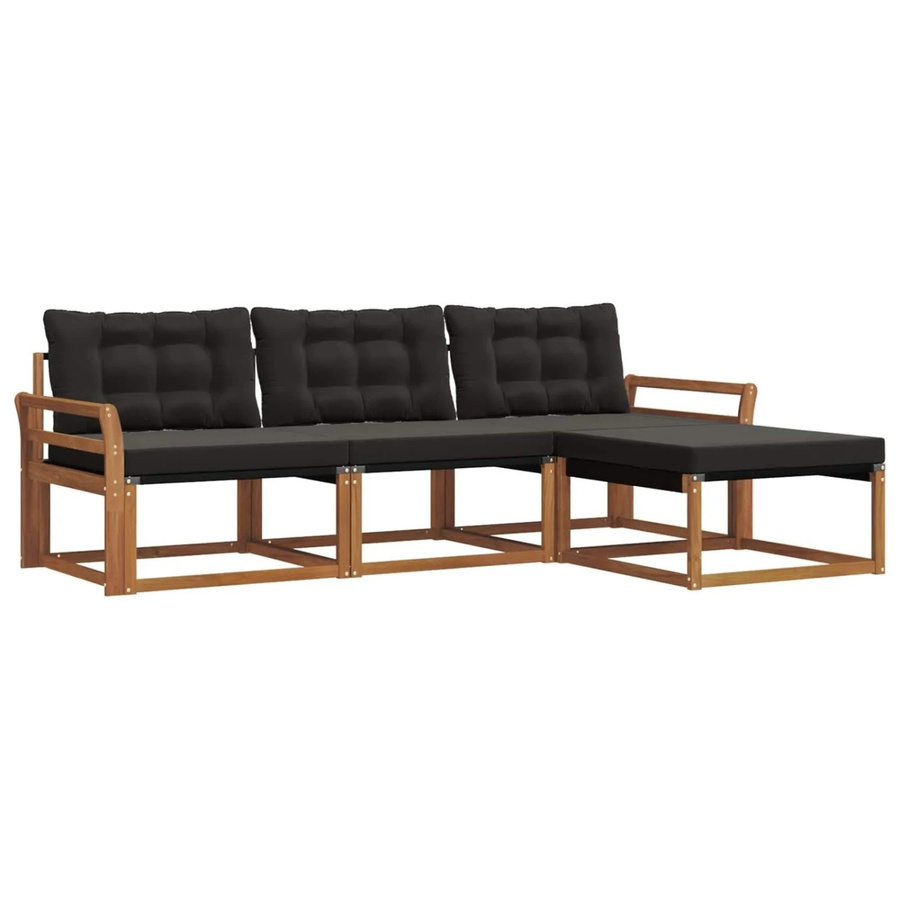 vidaXL Outdoor-Sofagarnitur L-Form aus Akazienholz mit Polstern und Ottoman, 4-teiliges Set in Braun und Schwarz - Bild 2