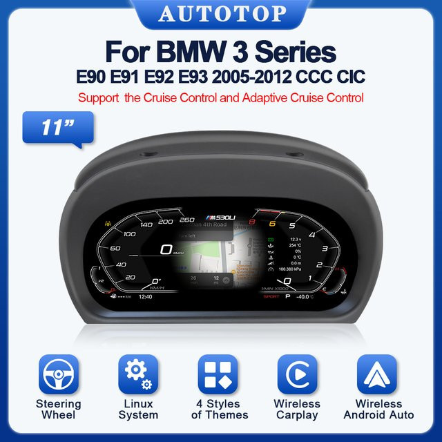 AUTOTOP 11 Zoll Digitales Kombiinstrument mit Linux Wireless Carplay und Android Mirroring für BMW 3er E90 E91 E92 in Schwarz, Auflösung 1920x720P - Bild 1