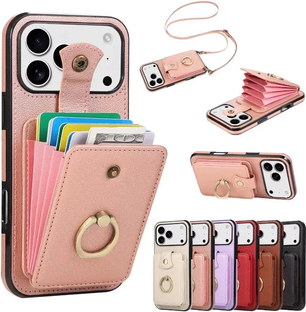 OLPAY RFID-blockierende Umhängetasche mit Kartenhalter und Ringhülle für iPhone 16 E in Rot - Bild 1