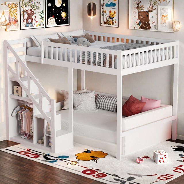 Rosahqnda Kinderhochbett aus Massivholz mit Rausfallschutz, Treppe und Stauraum in Rosa und Weiß, B/T/H: 90 x 200 cm - Bild 1
