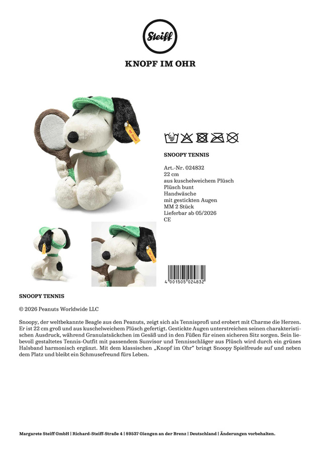 Steiff Snoopy Tennis, Kuscheltier, ab 0 Jahren - Bild 2