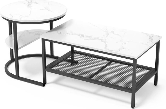 PXloue Couchtisch 2er Set mit Einlegeboden und Metallrahmen in Schwarz und Weiß, rechteckig und modern für dein Wohnzimmer - Bild 1