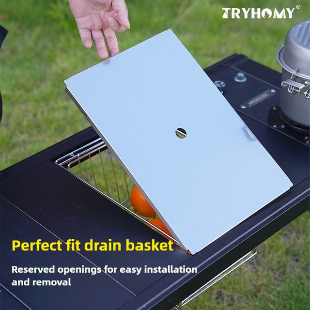 Tryhomy 3-in-1 Schneidebrett aus Edelstahl als Abflusskorbabdeckung in Silber für IGT-Tische und Outdoor-Camping - Bild 1
