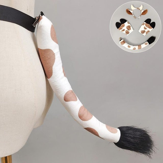 YIRAN Plüsch Kuhohren Stirnband, Pelziger Schwanz, Rinderhufe Pfoten Handschuhe, Cosplay Requisiten, One Size - Bild 1