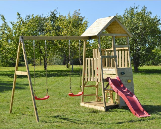 Wendi Toys Kinderspielturm Flamingo aus Holz mit Rutsche, Kletterwand, Sitzecke und 2 Schaukeln, Farbe: natur/braun/rot, B/H/T: 340 x 270 x 340 cm - Bild 1