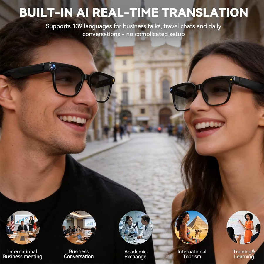 GUHUAVMI Smart Glasses KI-Brille mit Kamera für Foto- und Videoaufnahme, intelligente Übersetzungsfunktion, wasserdicht und für Anrufe geeignet, Farbe: Schwarz/Transparent - Bild 5