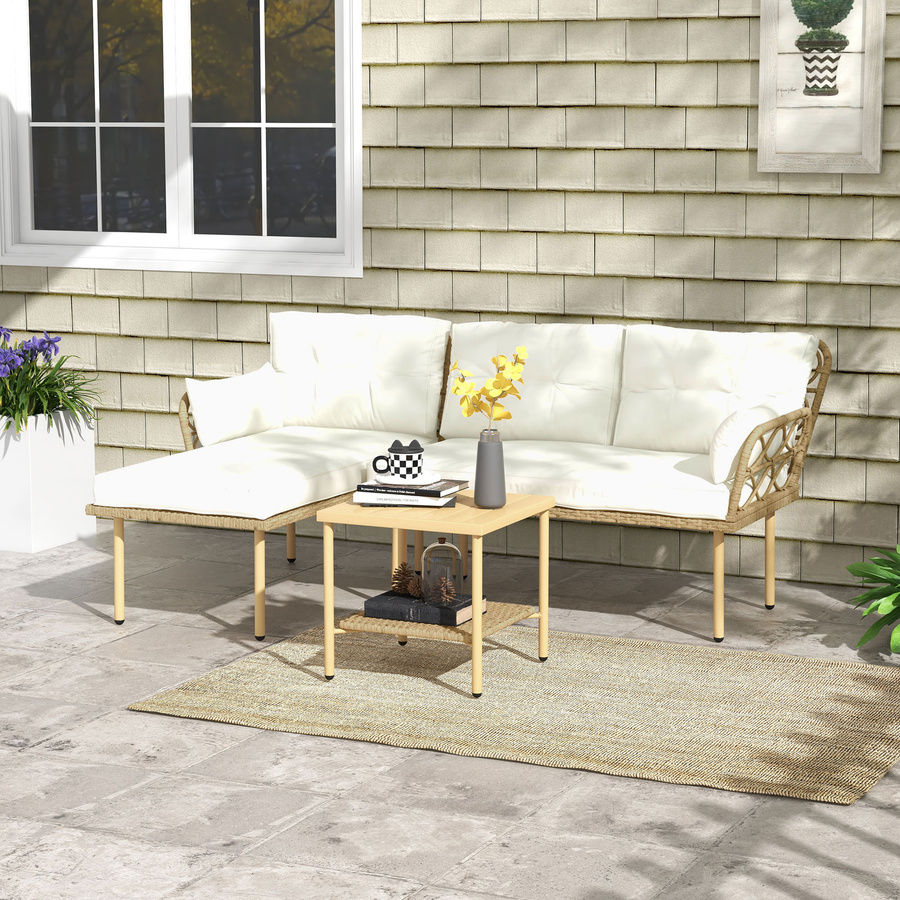 Outsunny Gartensofa-Ecke 3-teilig mit Couchtisch und Kissen aus geflochtenem Rattan in Creme für 4 Personen - Bild 2