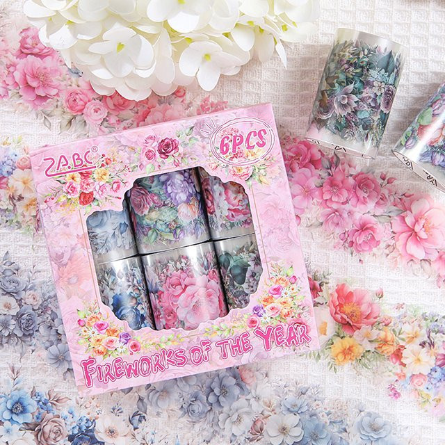 6 Rollen wasserdichte Aufkleber mit Blumenmuster in Pink und Multicolour aus PET für DIY-Scrapbook und Schulbedarf - Bild 1