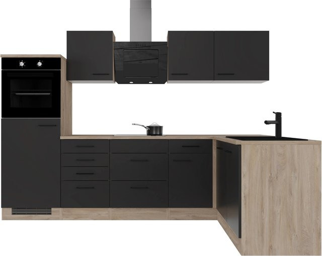 Flex-Well Exclusiv Winkelküche Capri in Schwarz Matt und Endgrain Oak mit melaminbeschichteten Qualitätsspanplatten - Bild 1