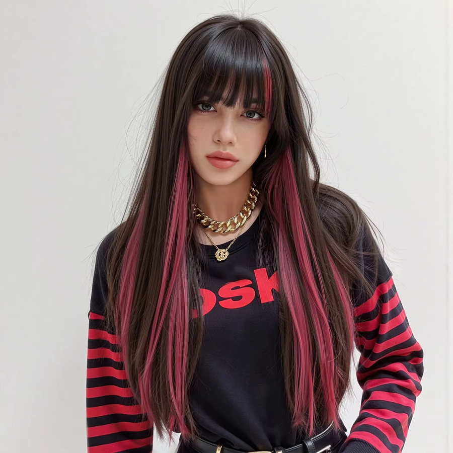 TINY LANA Perücke, schwarz, lang, gerade, rosa Highlights, Pony, Damen - Bild 2