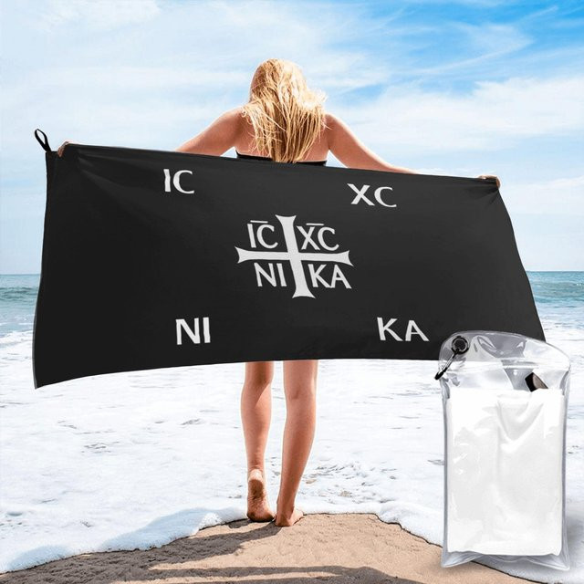 JMG Household Supplies Strandtuch Nika Cross Christlich Orthodox Jesus Christus aus weicher Mikrofaser, schwarz, B: 80 cm, L: 160 cm - Bild 1