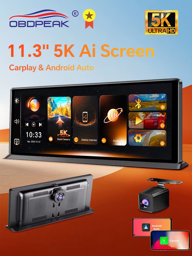 OBDPEAK K8 Pro Dashcam mit 11,3 Zoll Touchscreen, 5K Auflösung, GPS, 5G WiFi, Wireless CarPlay und Android Auto, Schwarz - Bild 7