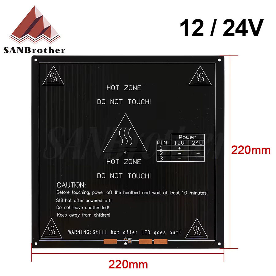 Verbessertes MK3 Aluminium-Heizbett für 3D-Drucker, 12V/24V, Maße: 235 x 235 x 3 mm, 220 x 220 x 3 mm oder 300 x 200 x 3 mm - Bild 1