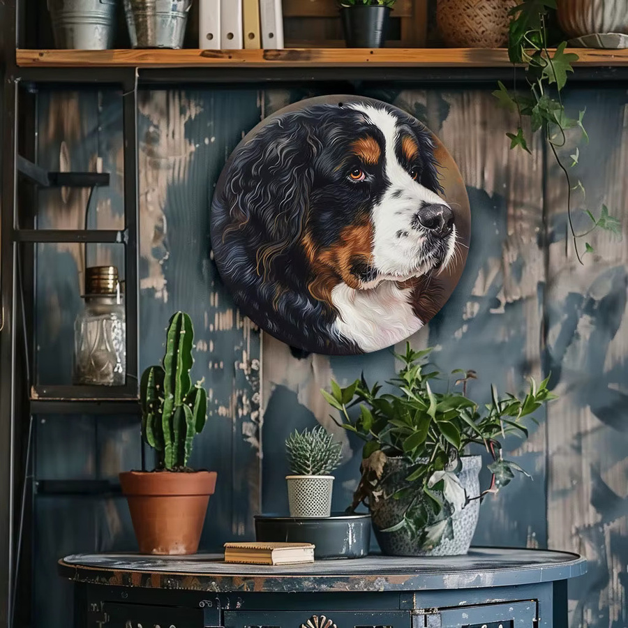 Potdemiel Runde Aluminium-Wandkunst Berner Sennenhund Illustration im Landhausstil, Mehrfarbig - Bild 2