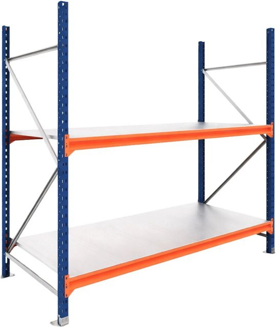 PROREGAL DOMINUS Schwerlastregal Weitspannregal mit 2 Ebenen Stahlplatten-Fachböden, Blau/Orange, B/H/T: 250 x 240 x 100 cm - Bild 1