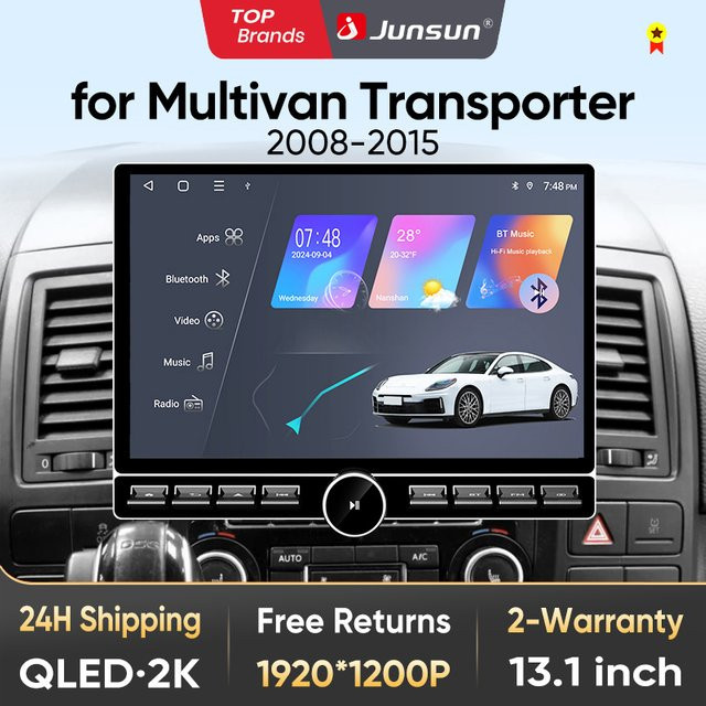 Junsun QLED Wireless CarPlay Android Auto Autoradio für Volkswagen Multivan T5 2008-2015 mit 13,1 Zoll Display in Schwarz - Bild 1