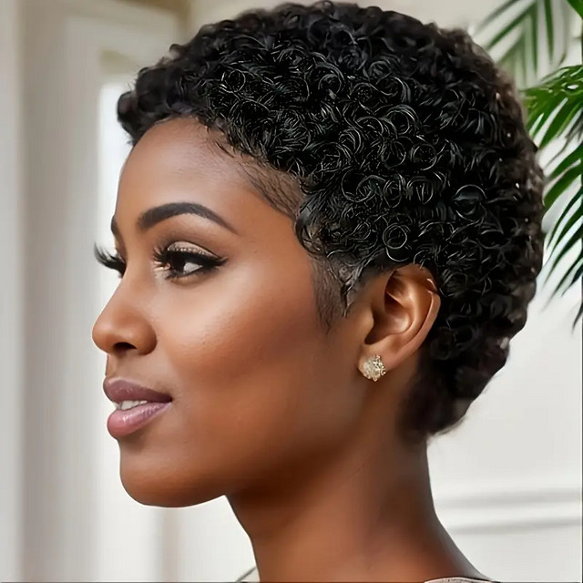 OYM HAIR Pixie-Schnitt-Perücke, schwarze lockige Echthaar-Perücke, Damen - Bild 1