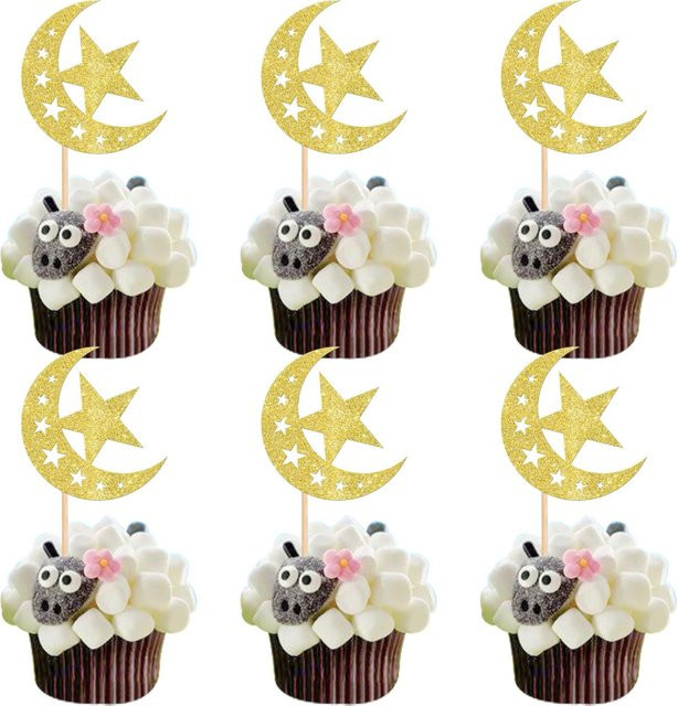 12 Stück Cupcake Topper Mond und Stern in Gold für Eid Mubarak und Ramadan Kareem Party Dekoration - Bild 1