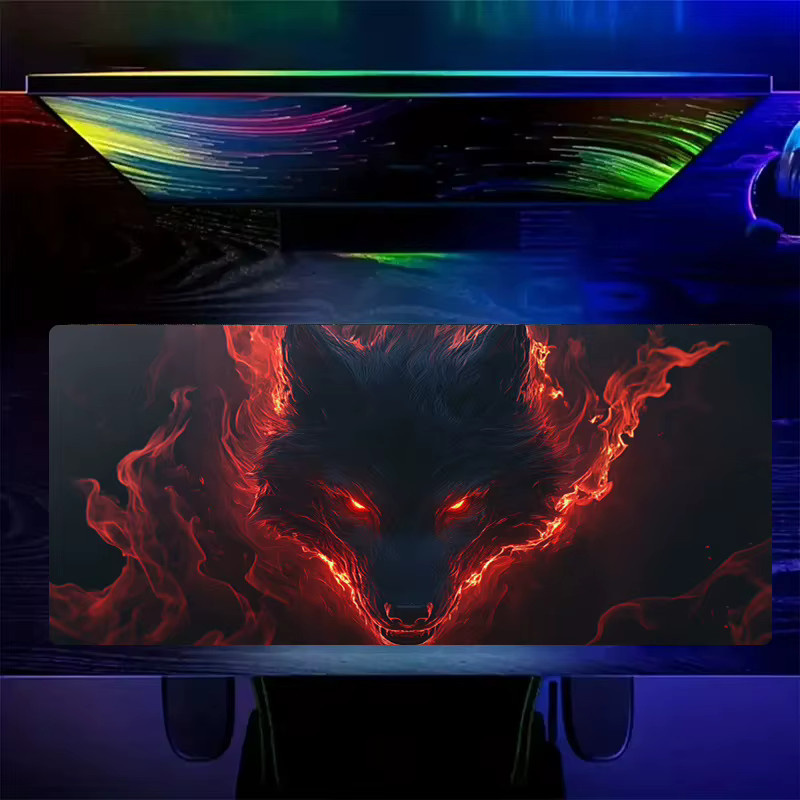 Vivid Red Gaming-Mauspad mit Fiery Wolf-Design, große Schreibtischunterlage in Rot - Bild 3