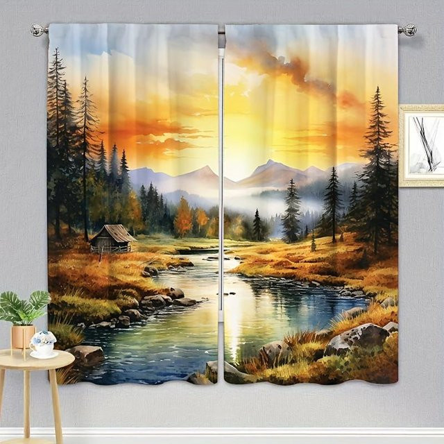 2er-Set Vorhang mit Waldlandschaft und Wasserfall Motiv, halbtransparent, bunt, B: 60 cm, H: 150 cm - Bild 1