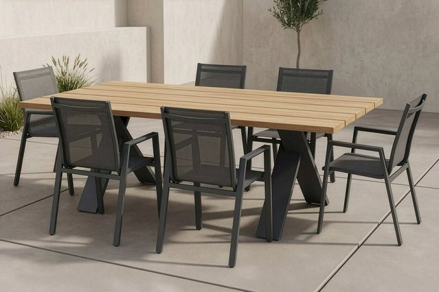 Hartman Xanadu Aruba Garten-Essgruppe aus Aluminium und Teakholz in Anthrazit mit 6 Stapelsesseln, Tisch B: 220 cm, T: 100 cm - Bild 1