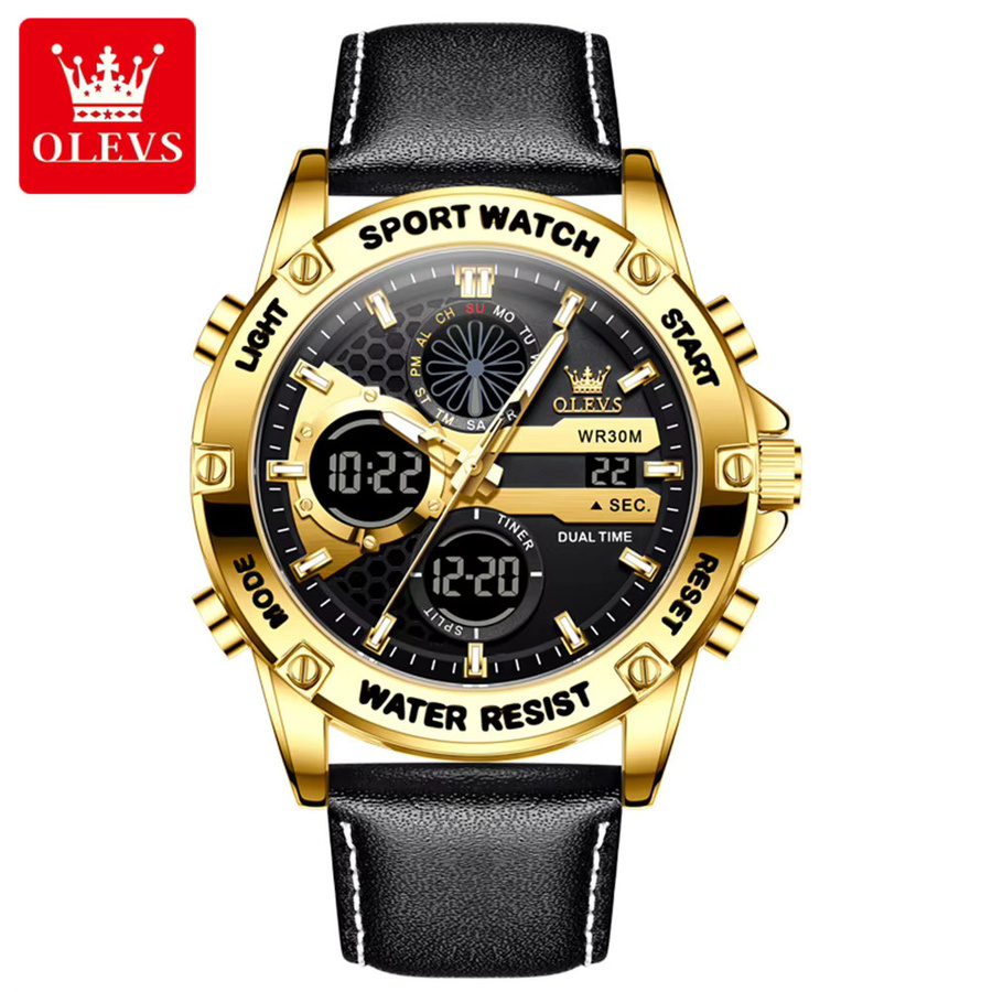 OLEVS Armbanduhr, Quarz, Lederarmband, Gold, Schwarz, Herren - Bild 7