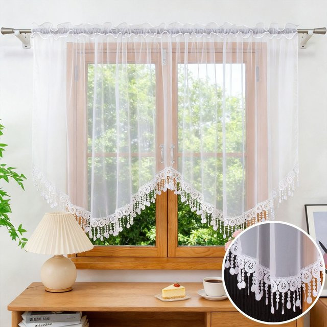 FLYINGCURTAINS Transparenter Vorhang in Weiß mit Kristallquasten-Spitzenbesatz und Gaze, Breite: 150 cm, Höhe: 95 cm - Bild 1