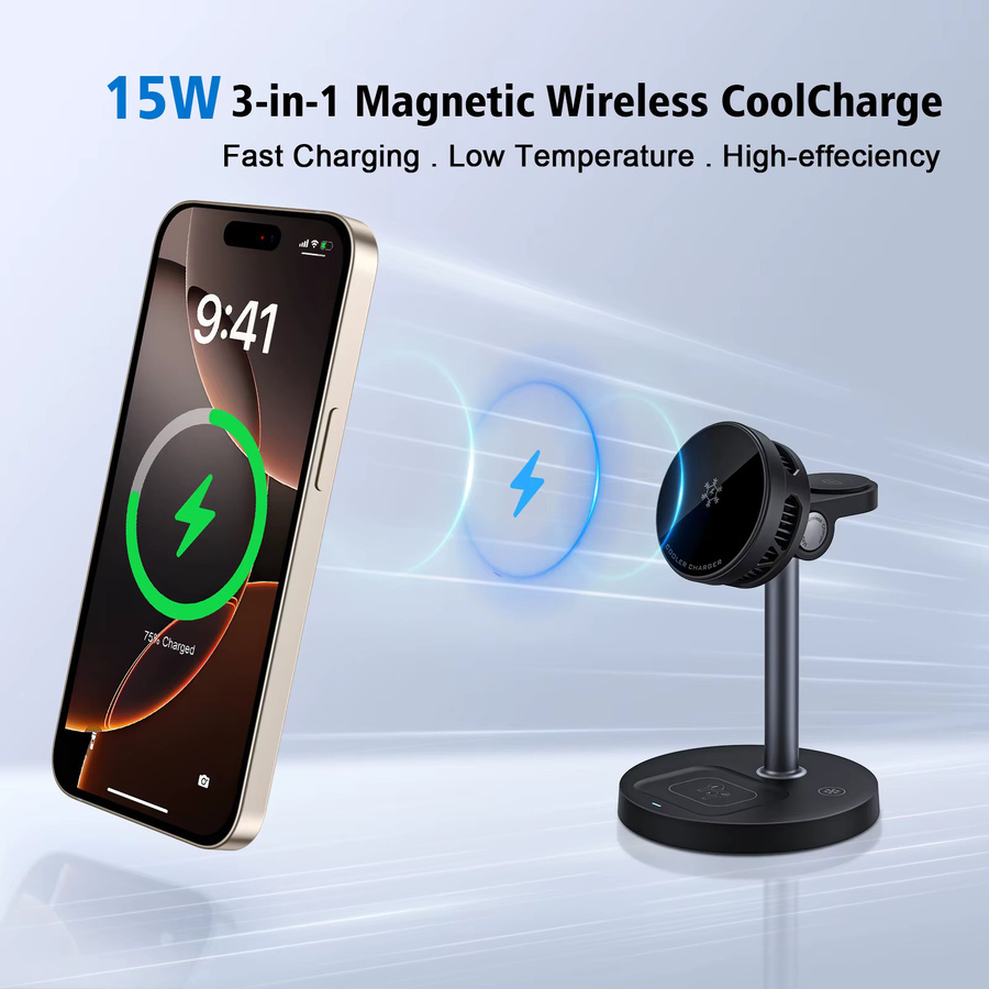 VEERNOO 3-in-1 Magnetisches Kabelloses Ladegerät mit TEC-Halbleiterkühlung, 15W für iPhone 17 16 15 14 13 12, iWatch und AirPods, Schwarz - Bild 1