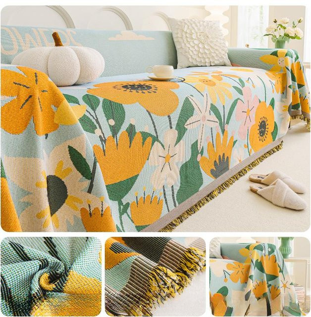 Chenille Sofa Abdeckung mit Floralem Boho-Design, Mehrfarbig, B: 180 cm, T: 130 cm - Bild 1