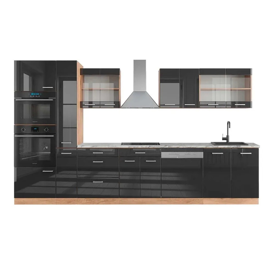 Vicco R-Line Küchenzeile in Anthrazit Hochglanz und Goldkraft Eiche mit Hochschrank und Marmor-Arbeitsplatte, Breite: 350 cm - Bild 2