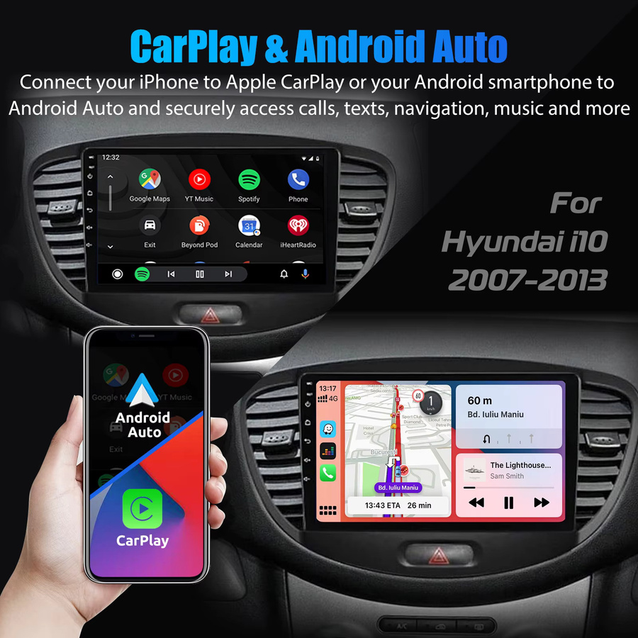 ESSGOO Android 14 Autoradio für Hyundai i10 2007–2013 mit 9 Zoll IPS-Touchscreen, Wireless CarPlay, Android Auto, GPS-Navigation, Bluetooth, WiFi und Lenkradsteuerung in Schwarz - Bild 2