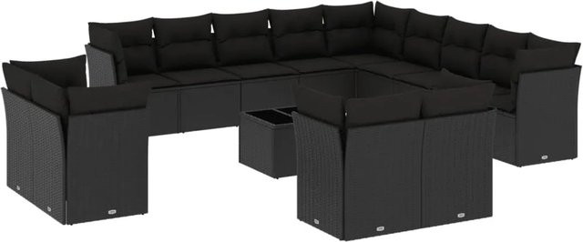 vidaXL 14-tlg. Garten-Sofagarnitur in U-Form aus Polyrattan mit Kissen und Tisch, Schwarz - Bild 1