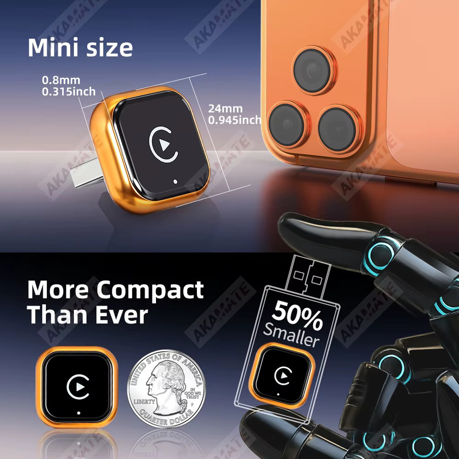 AKAMATE 2-in-1 Adapter für kabelloses CarPlay und Android Auto mit Bluetooth und USB-C in Orange und Gold - Bild 3